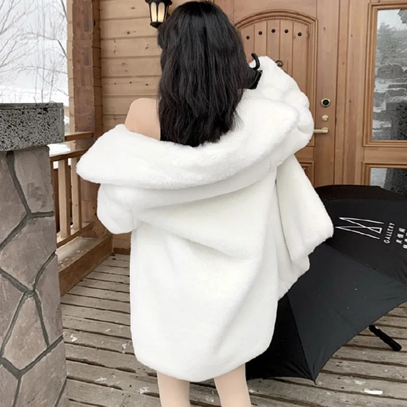 Winter Warm White Faux Fur Coat Women Double Breasted Luxury Fluffy Fake Rabbit Fur Blazers