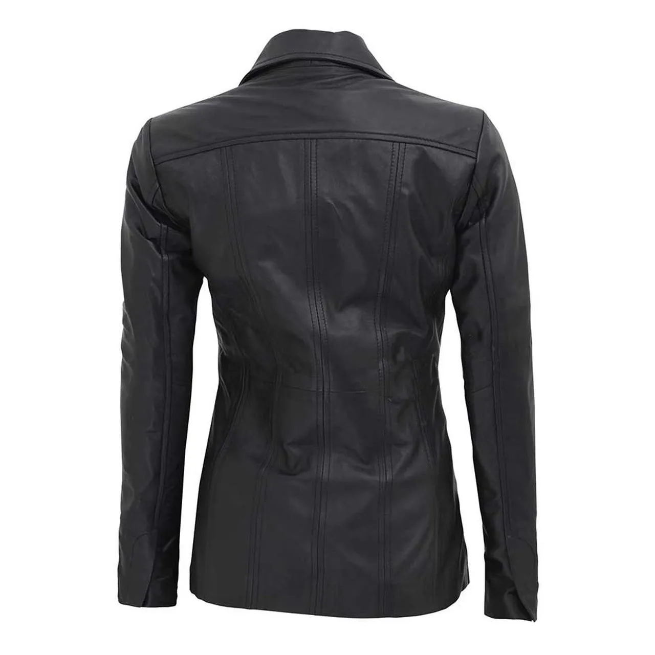 Women Black Three Button Closure Leather Blazer