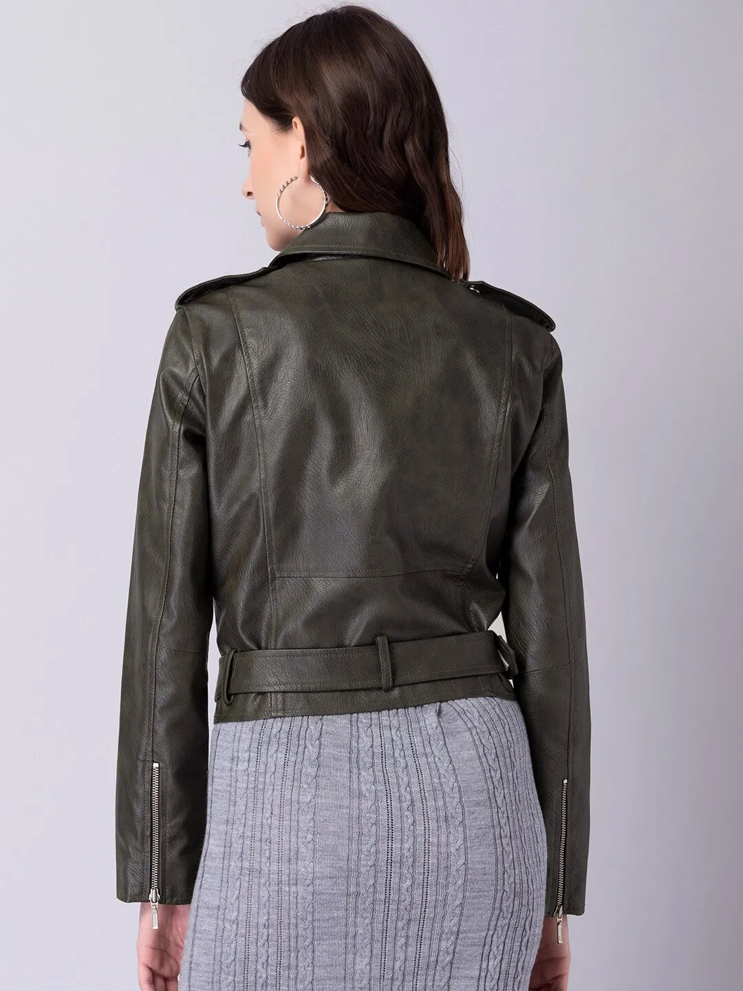 Women Green Crop Biker Jacket | QAWACH