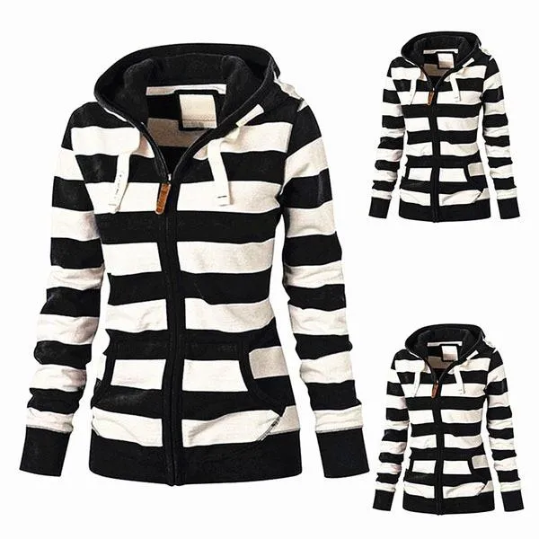 Women stripe printed sweatshirt zip up hoodies with pockets