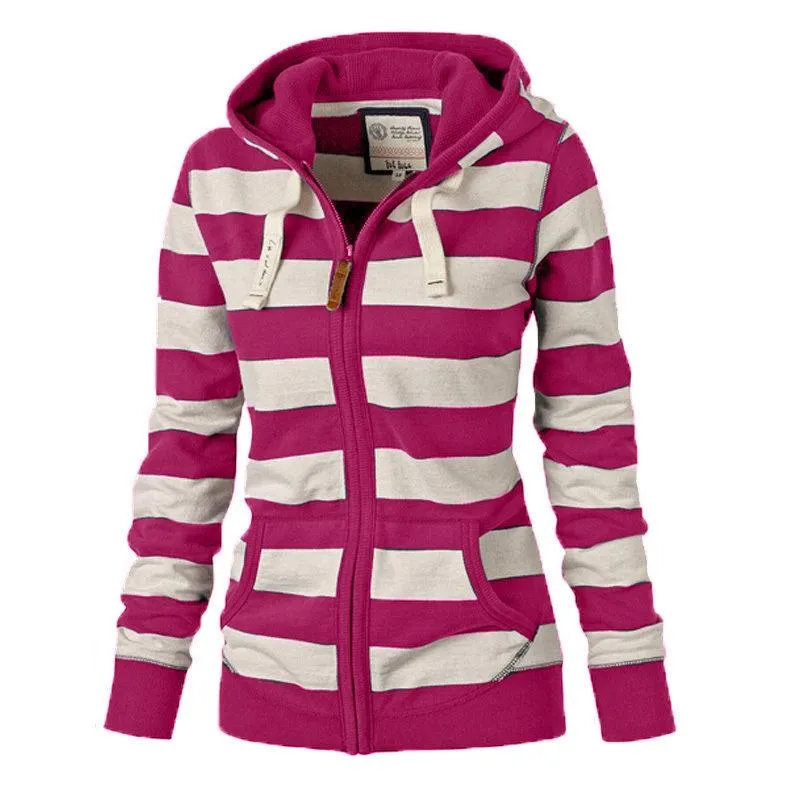 Women stripe printed sweatshirt zip up hoodies with pockets