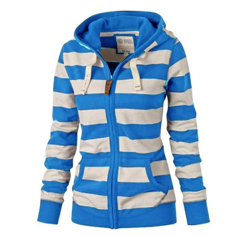 Women stripe printed sweatshirt zip up hoodies with pockets