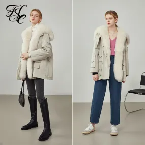 Women Winter Fox Fur Collar Fur Coat Removable Liner Warm Fox Fur Jackets Women Beige Commuter Office Lady Coats