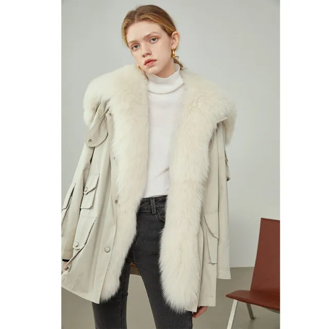 Women Winter Fox Fur Collar Fur Coat Removable Liner Warm Fox Fur Jackets Women Beige Commuter Office Lady Coats