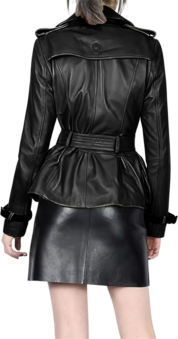 Women’s Black Genuine Sheepskin Double Breasted Classic Moto Racing High-Street Style Belted Short Leather Trench Coat