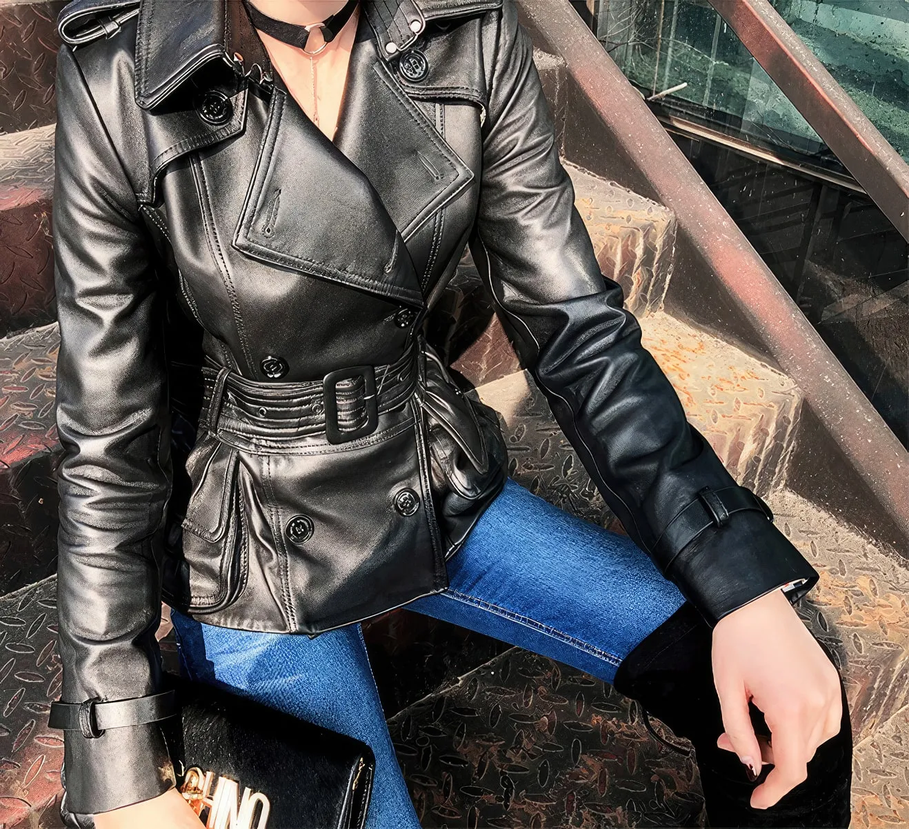 Women’s Black Genuine Sheepskin Double Breasted Classic Moto Racing High-Street Style Belted Short Leather Trench Coat