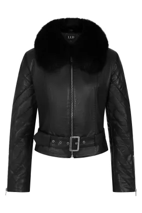 Women's Black Nappa Leather Fur Collar Biker Jacket - Lucky