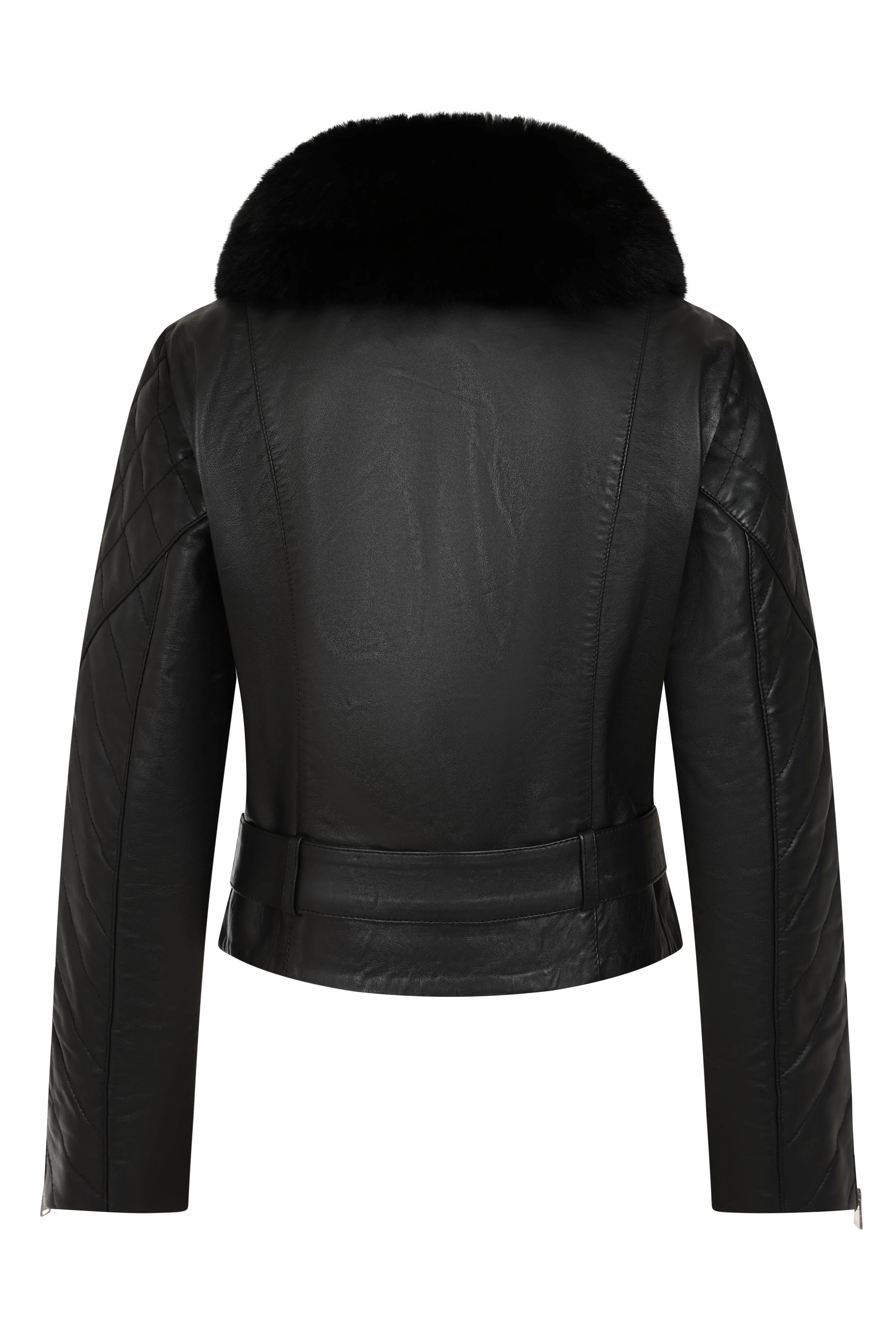 Women's Black Nappa Leather Fur Collar Biker Jacket - Lucky