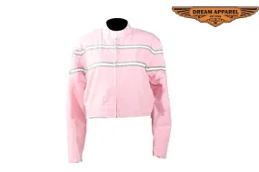 Women's Light Pink Lightweight Racer Style Textile Jacket W/ White Stripes