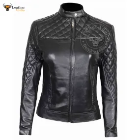 Womens Real Lambskin Leather Slim Fit Ladies Black Quilted Bikers Jacket