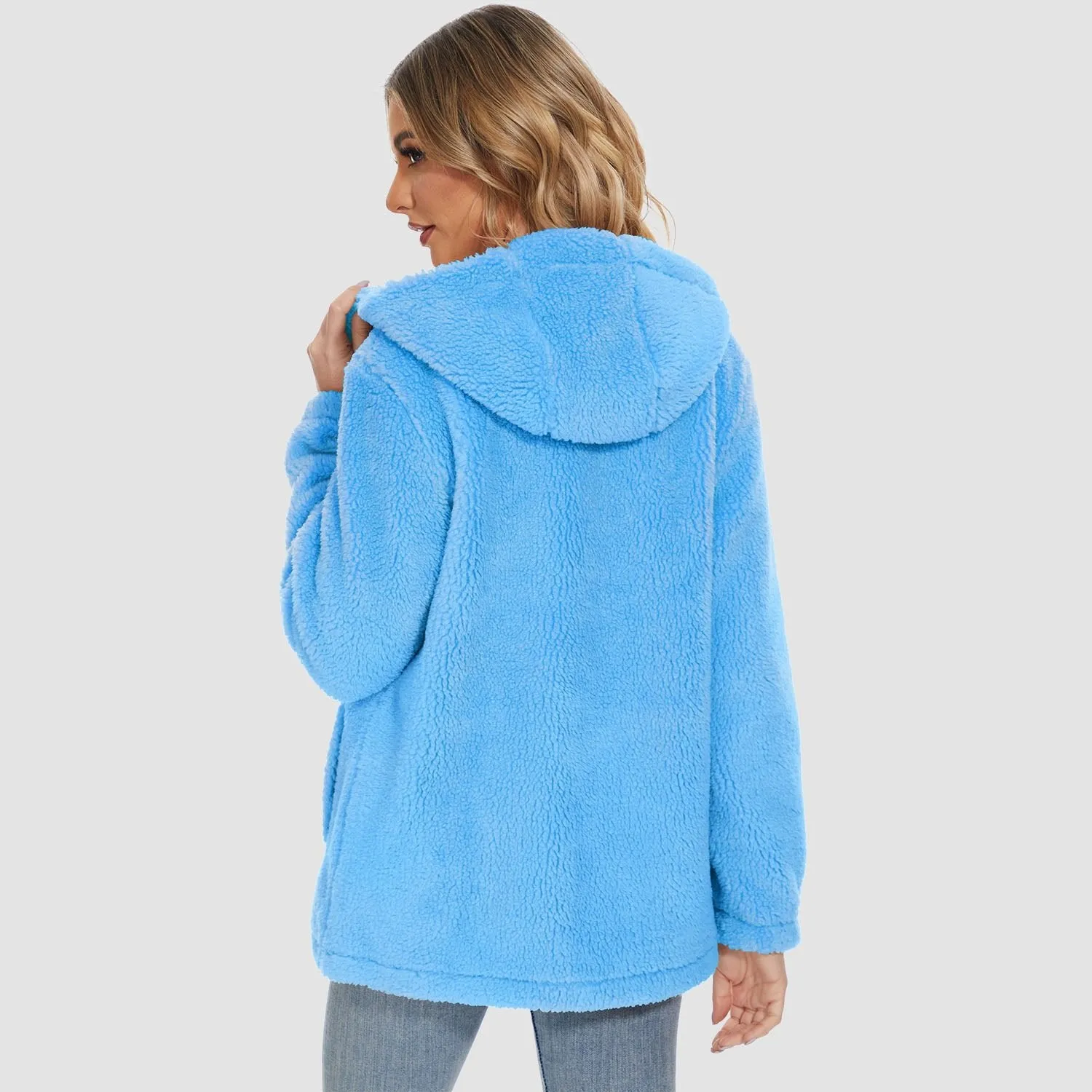 Women's Sherpa Jacket with Hood Full Zip With Pockets Casual Winter Warm Soft Fleece Coat