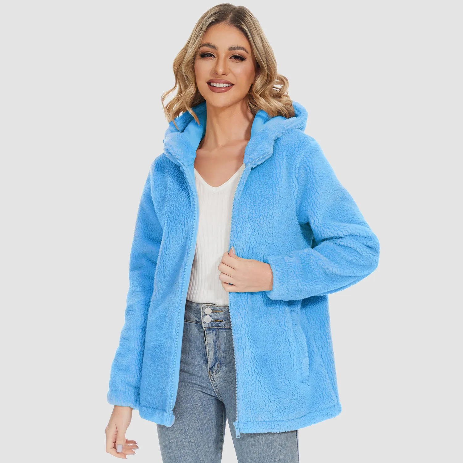 Women's Sherpa Jacket with Hood Full Zip With Pockets Casual Winter Warm Soft Fleece Coat