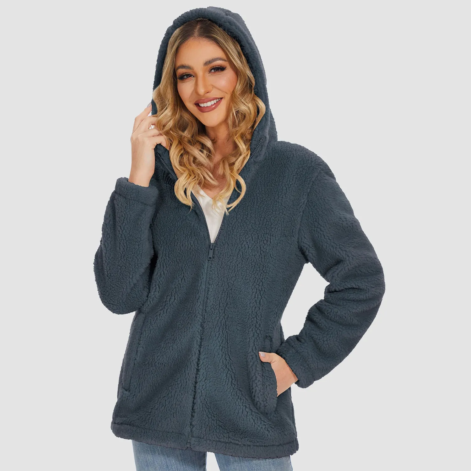 Women's Sherpa Jacket with Hood Full Zip With Pockets Casual Winter Warm Soft Fleece Coat