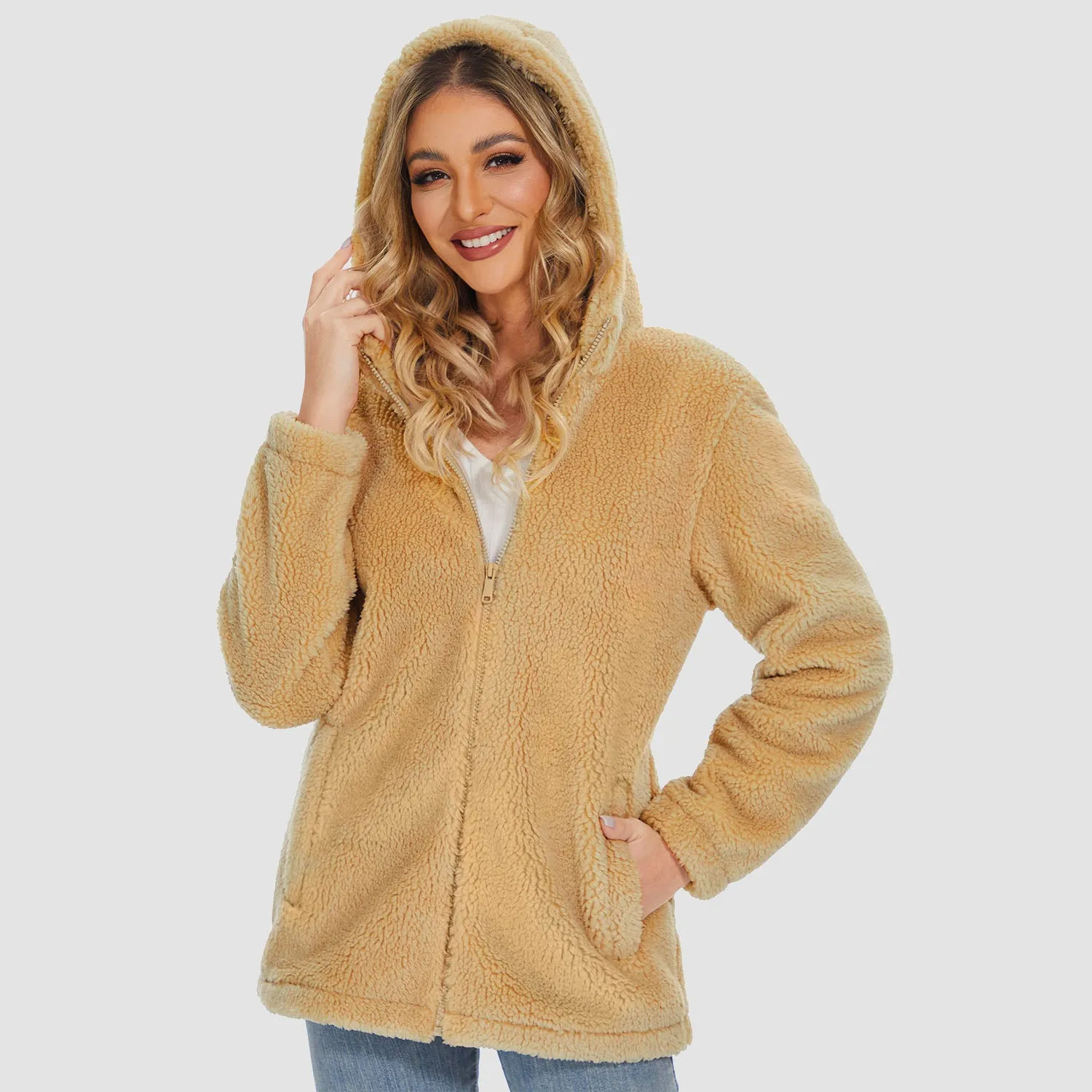 Women's Sherpa Jacket with Hood Full Zip With Pockets Casual Winter Warm Soft Fleece Coat