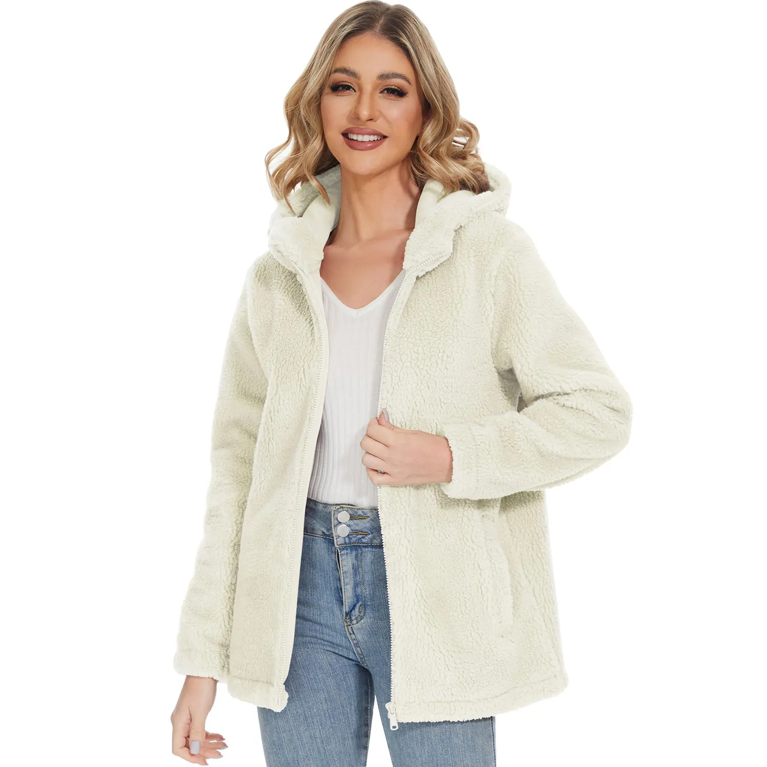 Women's Sherpa Jacket with Hood Full Zip With Pockets Casual Winter Warm Soft Fleece Coat