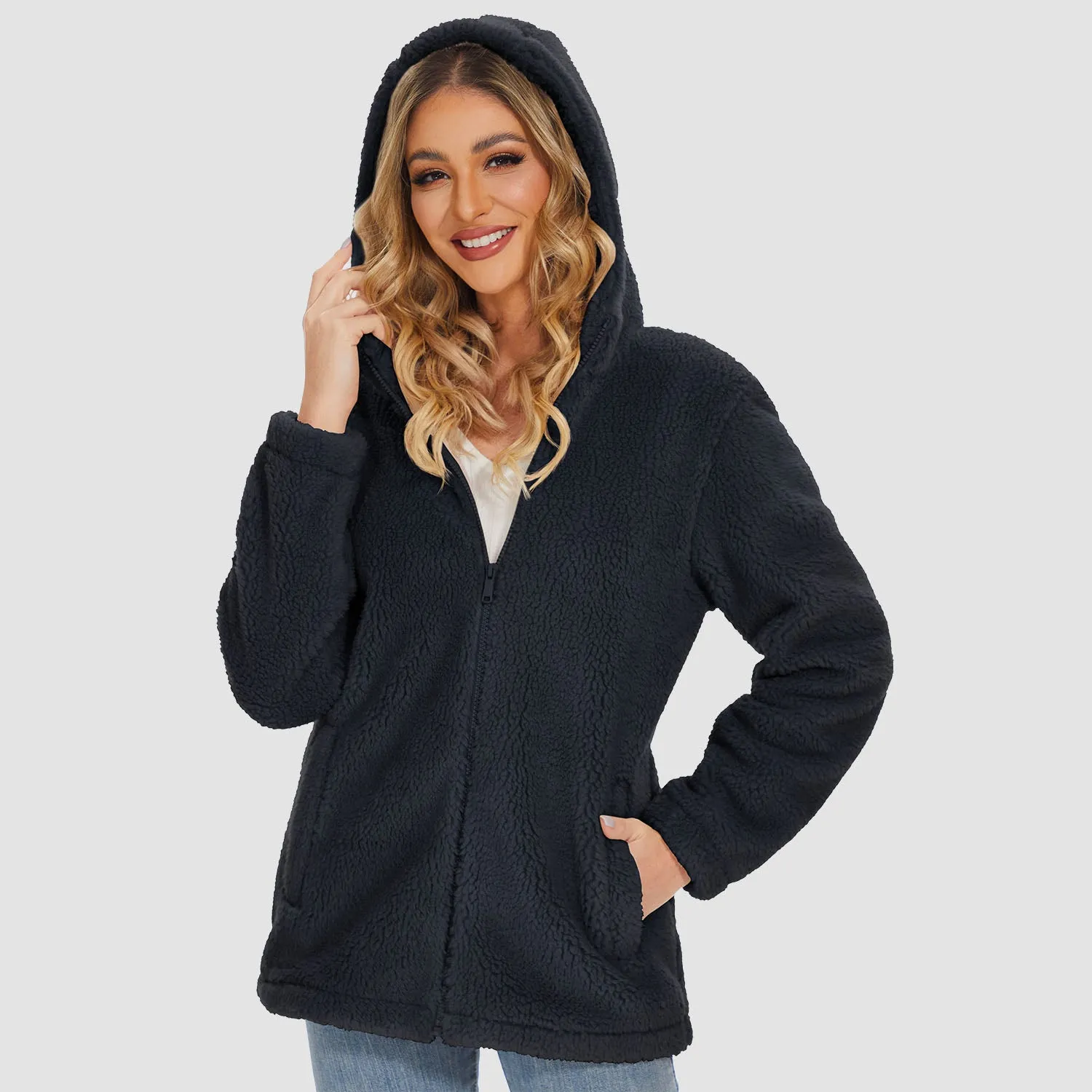 Women's Sherpa Jacket with Hood Full Zip With Pockets Casual Winter Warm Soft Fleece Coat