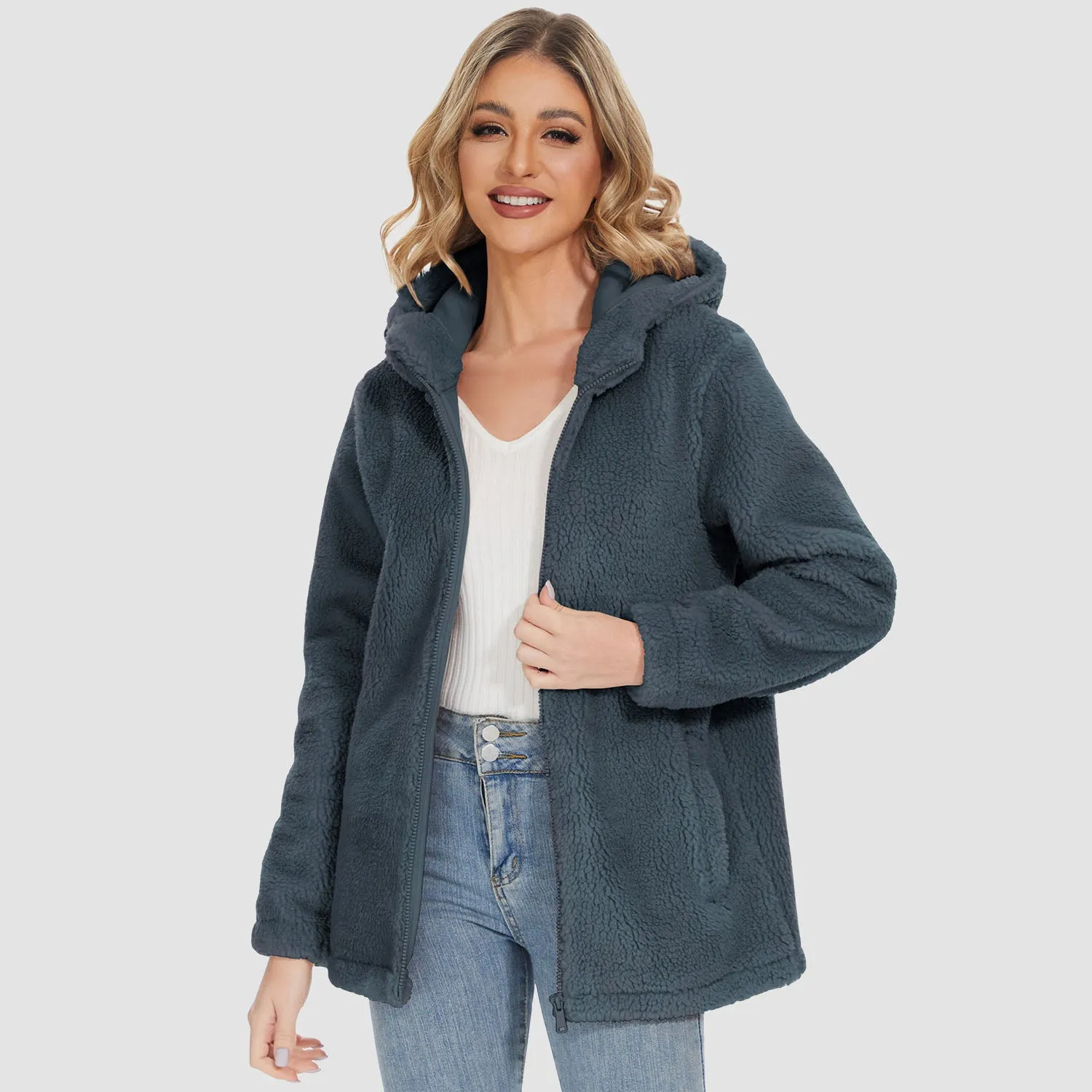 Women's Sherpa Jacket with Hood Full Zip With Pockets Casual Winter Warm Soft Fleece Coat