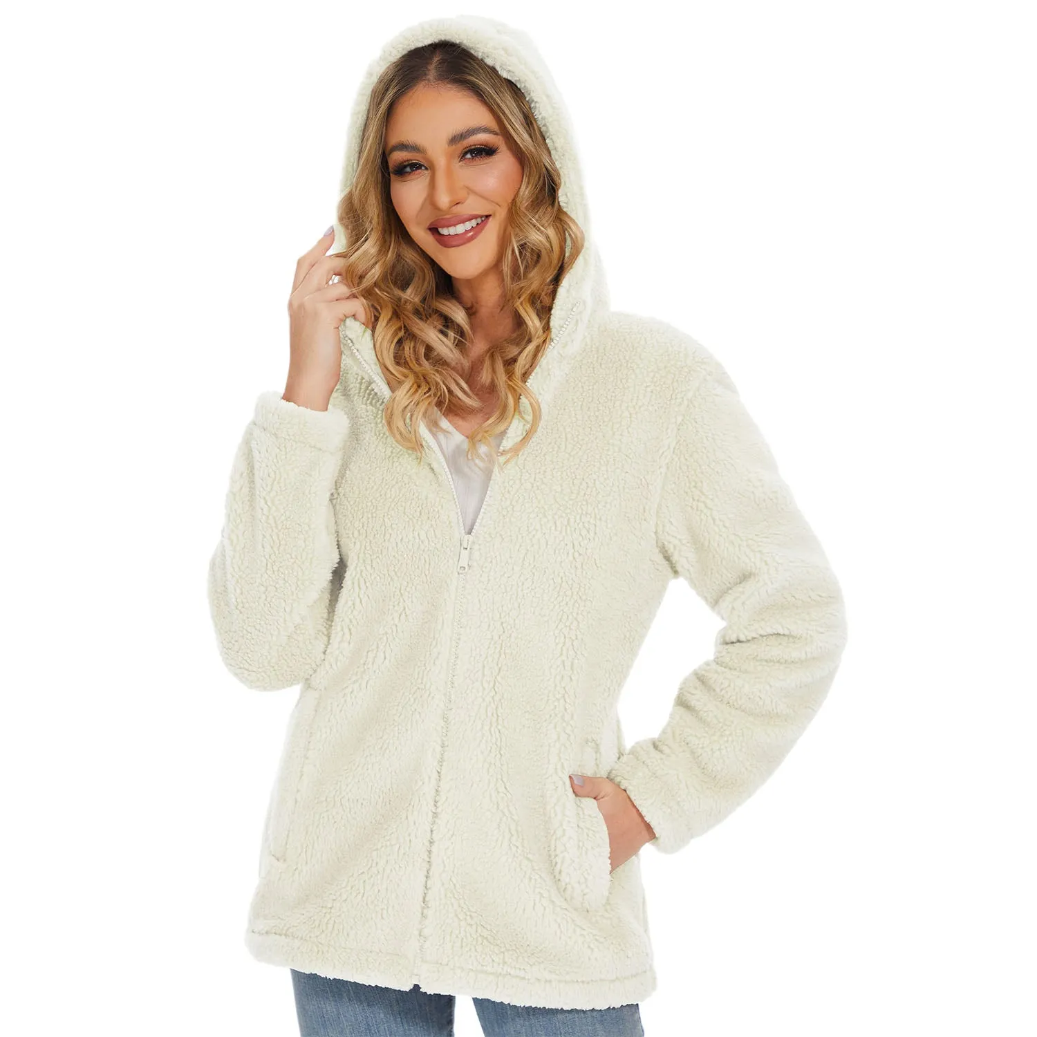 Women's Sherpa Jacket with Hood Full Zip With Pockets Casual Winter Warm Soft Fleece Coat