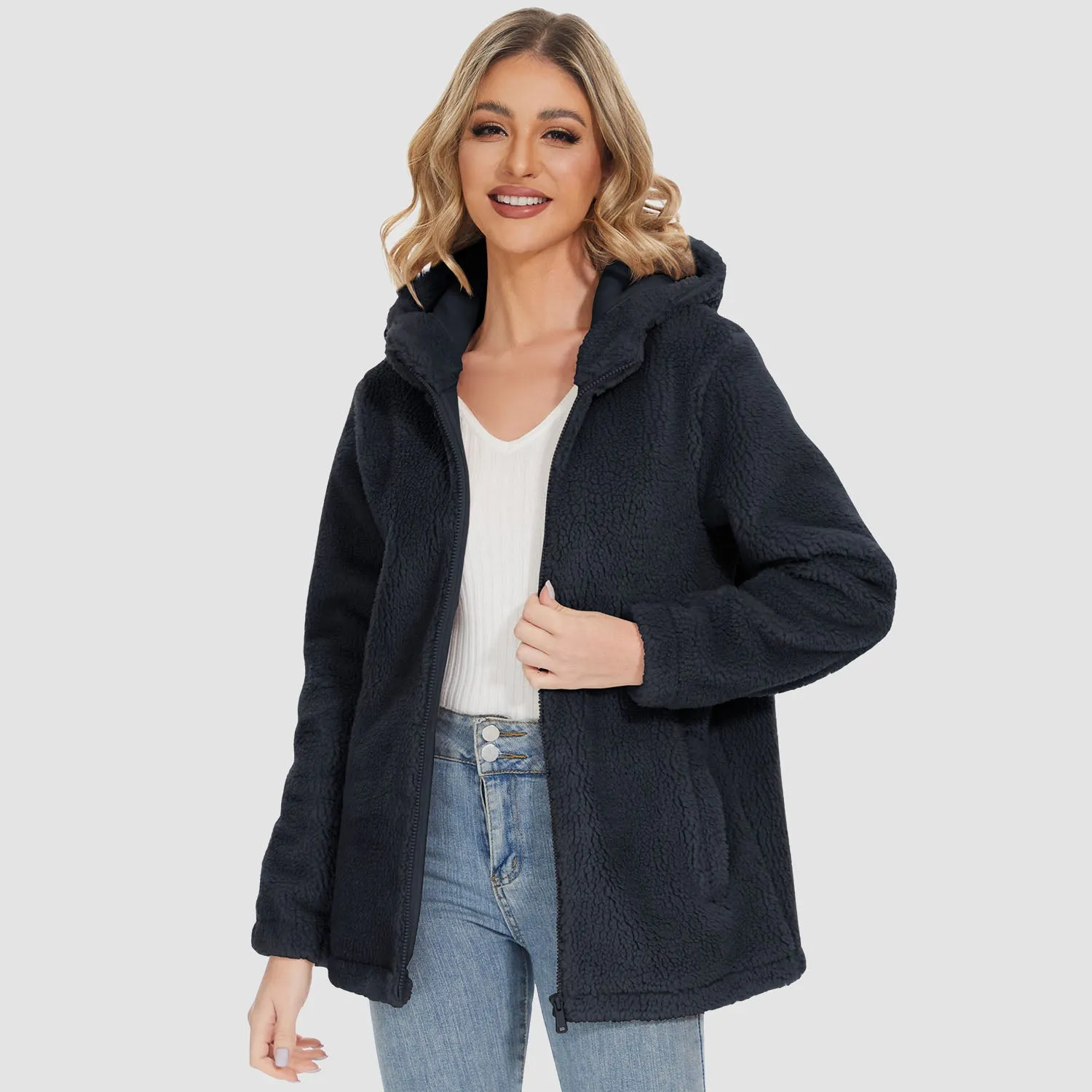 Women's Sherpa Jacket with Hood Full Zip With Pockets Casual Winter Warm Soft Fleece Coat