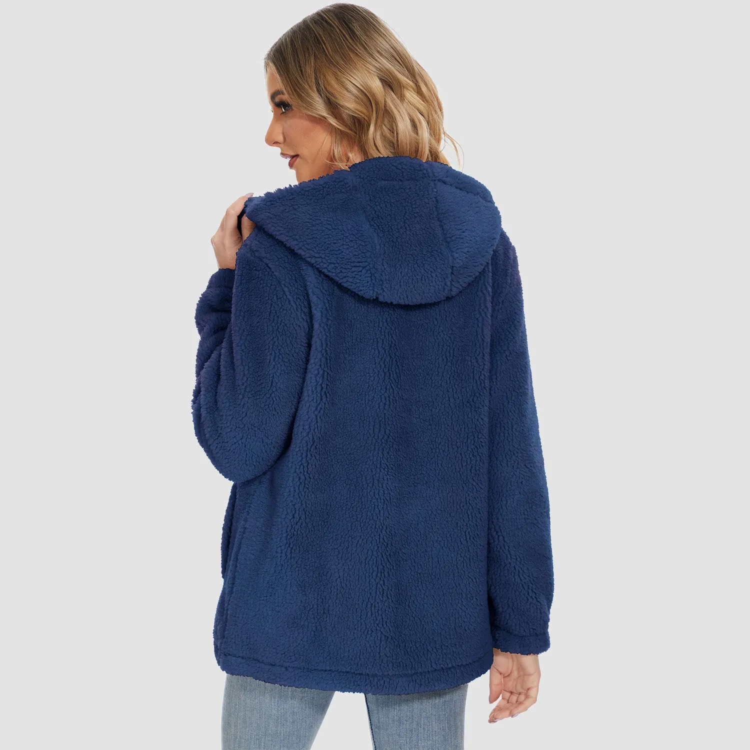 Women's Sherpa Jacket with Hood Full Zip With Pockets Casual Winter Warm Soft Fleece Coat