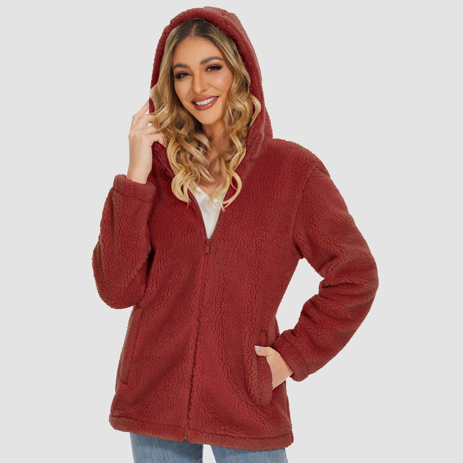 Women's Sherpa Jacket with Hood Full Zip With Pockets Casual Winter Warm Soft Fleece Coat