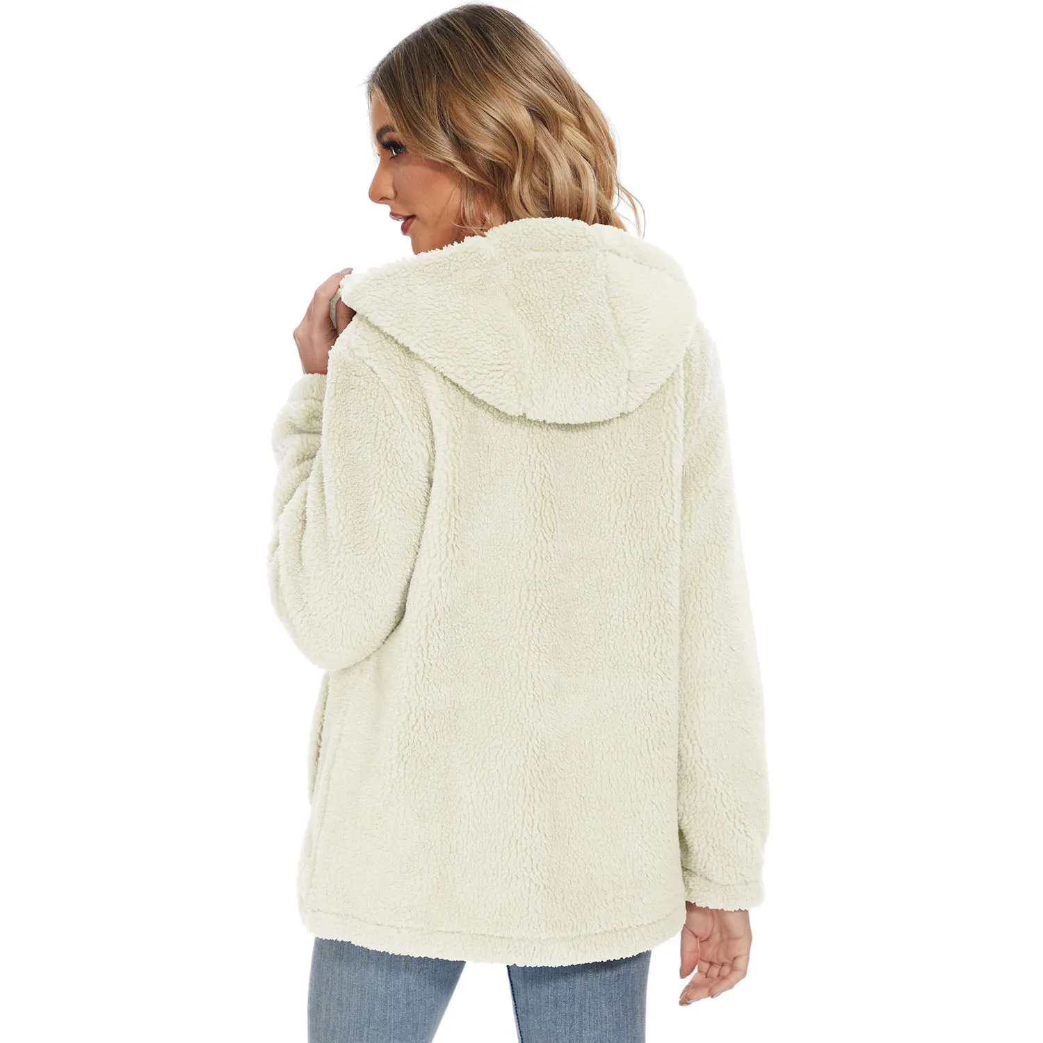 Women's Sherpa Jacket with Hood Full Zip With Pockets Casual Winter Warm Soft Fleece Coat