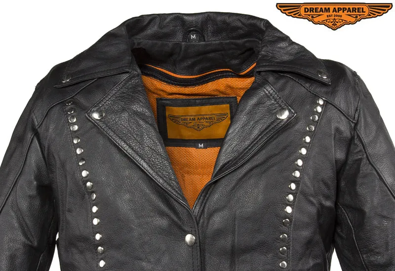 Womens Studded Leather Motorcycle Jacket With Concealed Carry Pockets