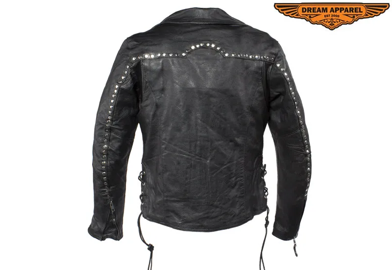 Womens Studded Leather Motorcycle Jacket With Concealed Carry Pockets