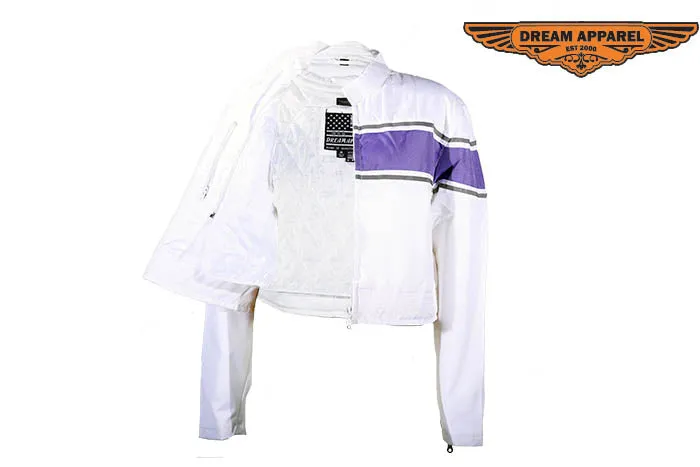 Women's White Lightweight Textile Jacket W/ Purple Stripe