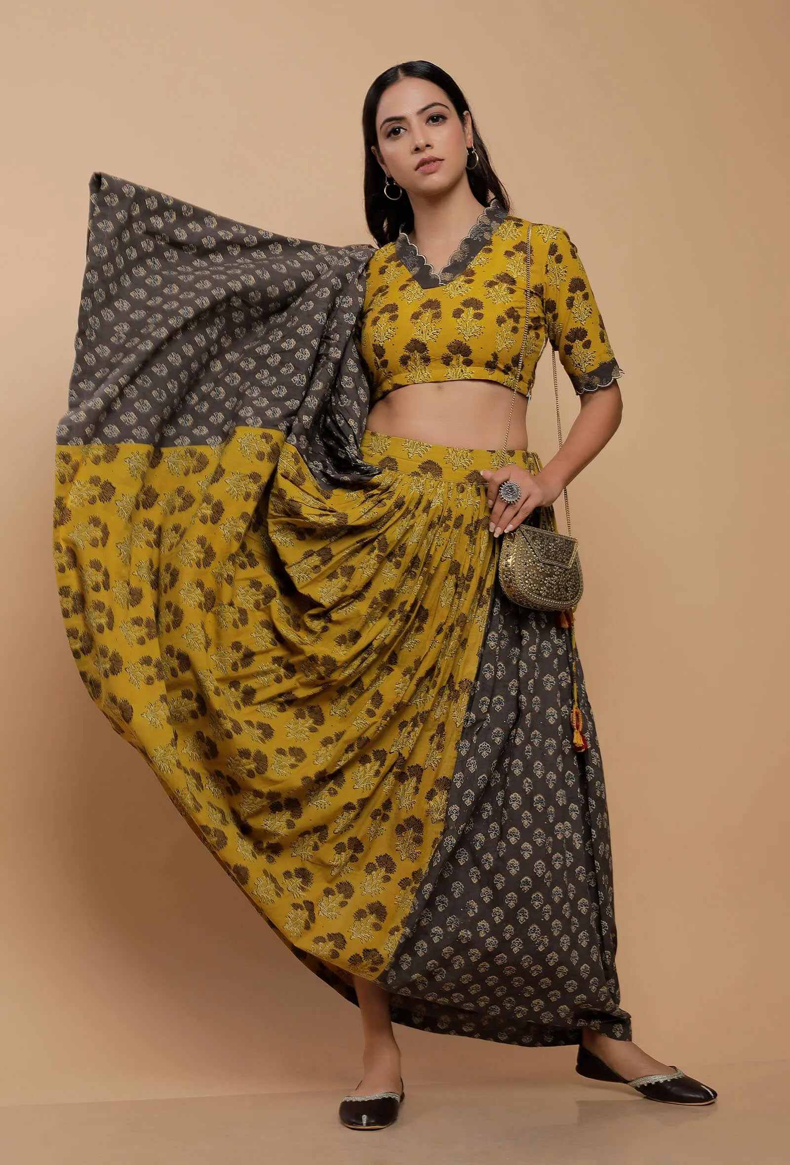 Yellow And Grey Handblock Printed Ajrakh Creative V Neck Blouse